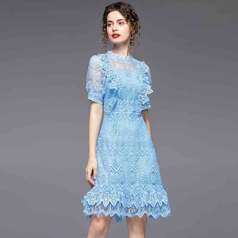 Fashion Summer Runway Women Lace Dress Ruffles Short Sleeve Hollow Out Party Vintage Mermaid Vestidos 210520