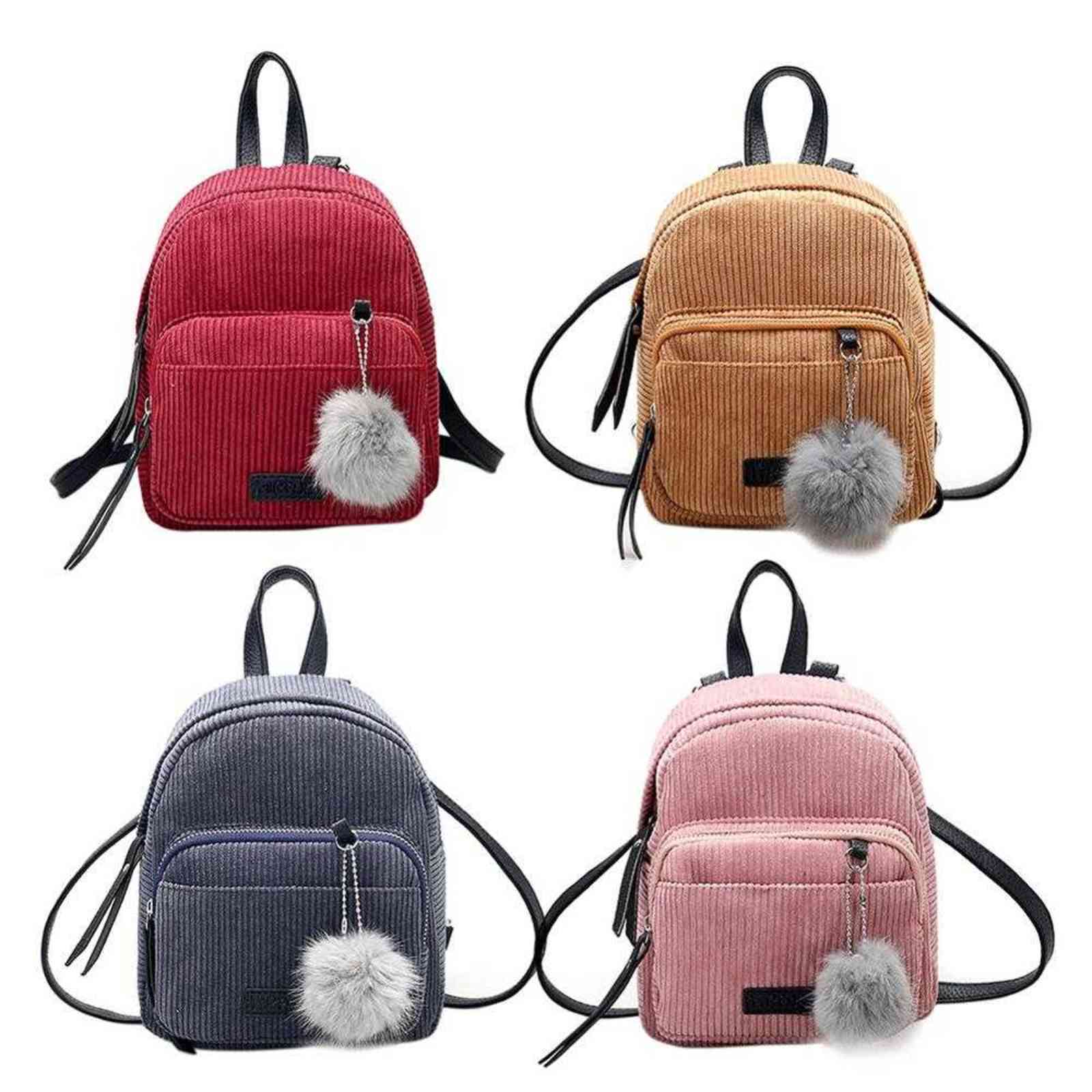 Girl Mini Backpack Women Pompom Ball Solid Color Corduroy Small Backpack Autumn Winter Teenage Travel School Bag Mochila Y1105