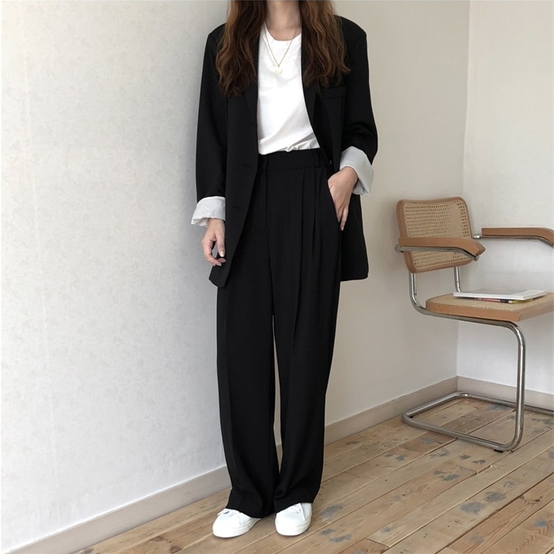 Autumn Korean Fashion Women Blazer Pant Suits Single-breasted + Wide Leg Pants Outfits Solid Office 210514
