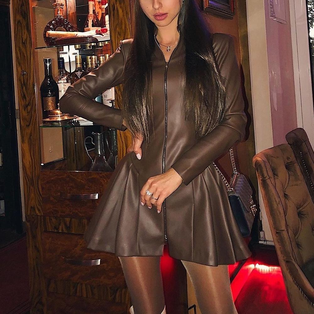 Winter Leather Dress Women High Collar Zipper Up A-line Slim Pleated Elegant Street Style Clothing 210521