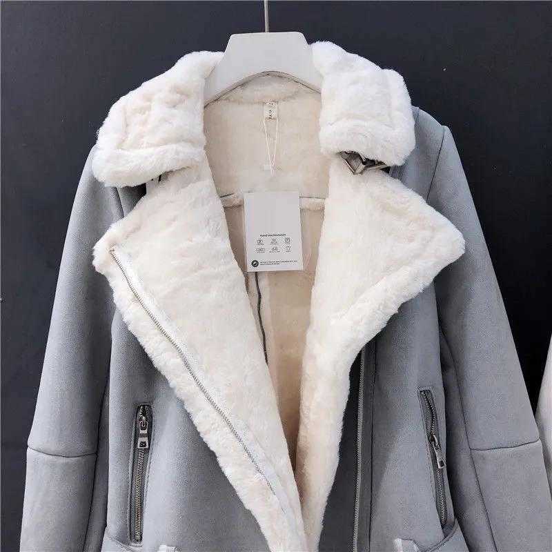 Women Winter Suede Lamb Cold Days Coat Thick Warm Jacket Short Motorcycle Belt Tops Wool Sheepskin Outwear Loose Korea 211019