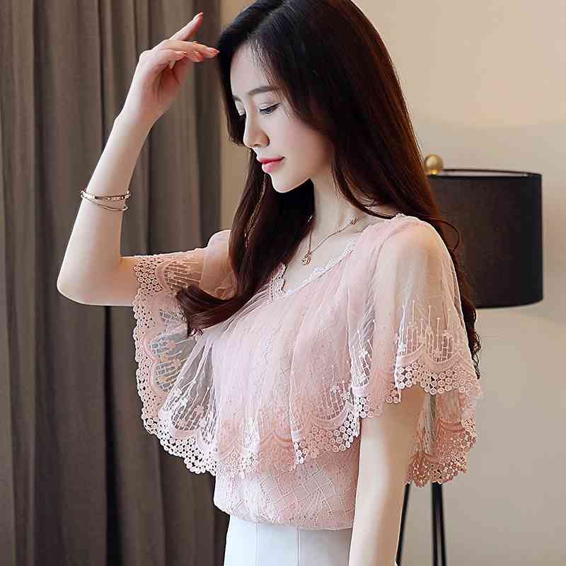 Women Tops and Blouses Summer Lace Blouse Shirt Fashion Short Sleeve Top Blusa Feminina 0788 30 210506