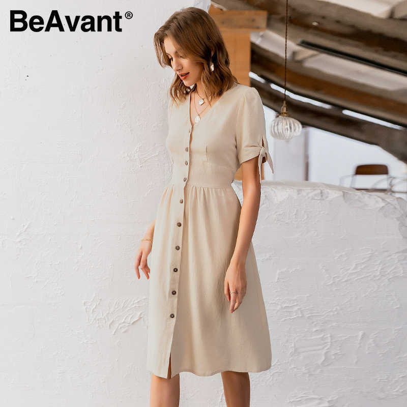 BeAvant vintage shorts sleeve women summer dress Elegant cotton high waist buttons v-neck casual dress ladies robe femme 210709