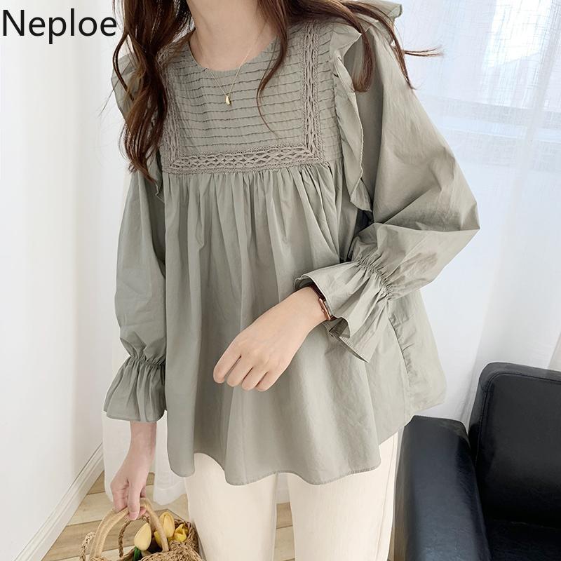 Neploe Vintage Women Pleated Blouses Hollow Out Ruffle Shirts Loose Long Sleeve Patchwork Blusas Female White Elegant Tops 210422