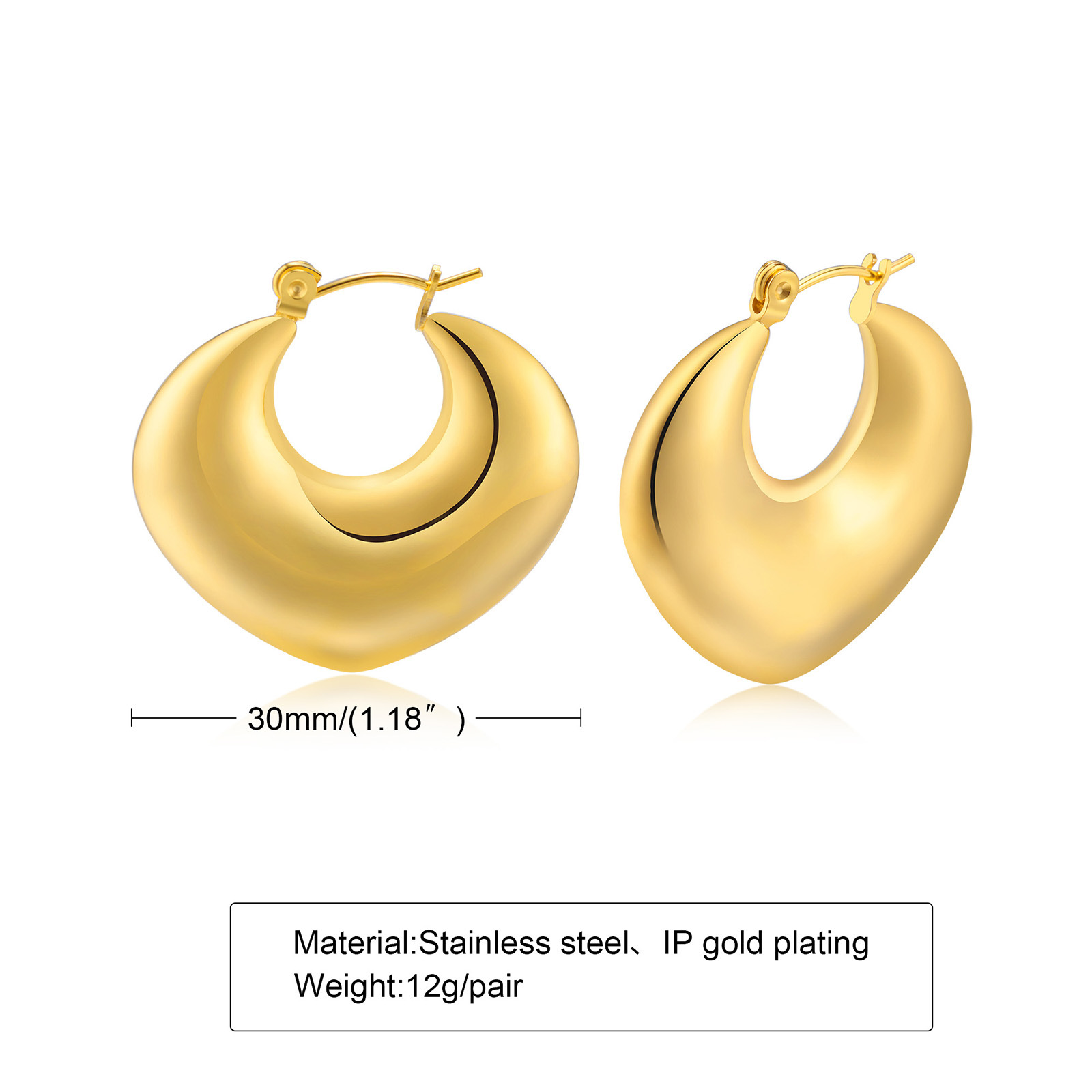 Pair Stainless Steel Hollow Geometric Hoop & Huggie Earrings Gold Women's Heart Earrings 30mm Size Fashion Mother Gifts