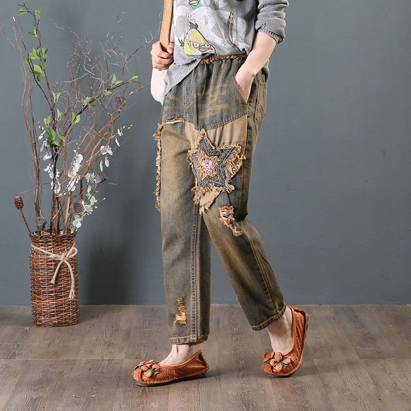 Spring Vintage Patchwork Embroidery Women Jeans Hole Ripped Medium Loose Harem Denim Pants Female Cotton Elastic Waist D97 210512