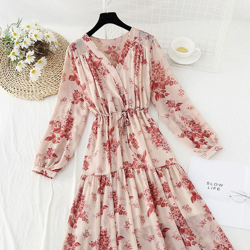 Elegant Floral Dress Spring Summer Women V-neck Print High Waist Chiffon Dresses Vintage Drawstring Ruffle Midi Vestidos 210521