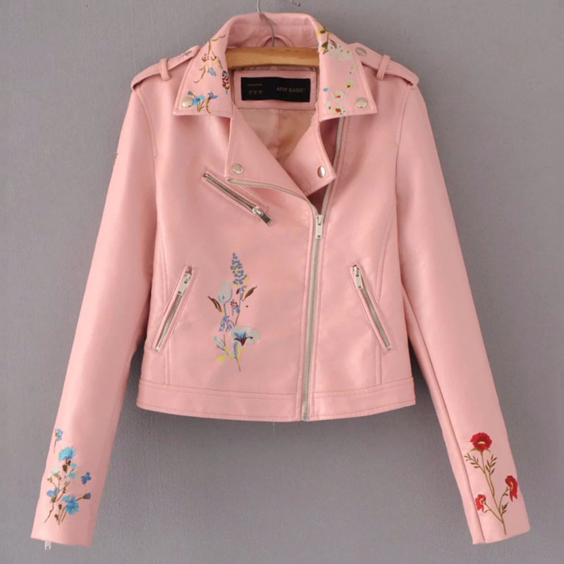 Embroidery female autumn Korean version of the lapel locomotive PU leather short-sleeved lapel jacket Yellow pink Coat 210507