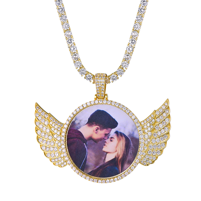 Custom Made Photo Wings Iced Out Bling Cubic Zircon Necklace & Pendant For Men Hip Hop Jewelry With Tennis Chain