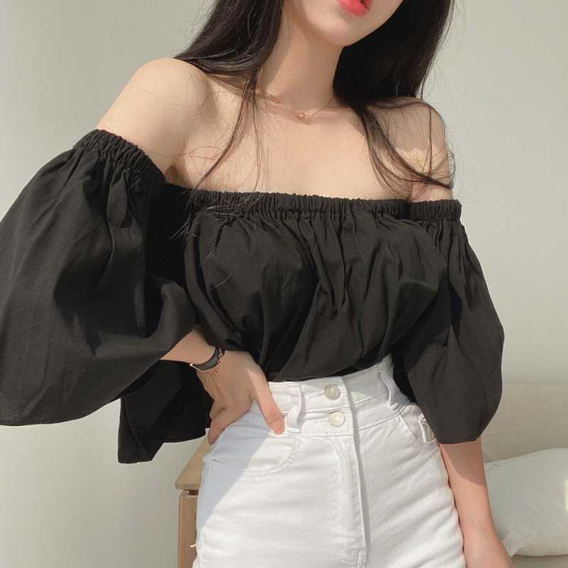 Korejpaa Women Shirt Summer Korean Chic Sexy Feminine One-Line Neck Strapless Pleated Loose Wild Trumpet Sleeve Blouses 210526
