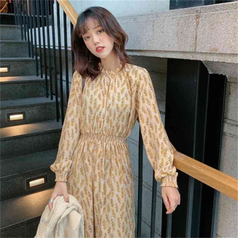 Spring Vintage Korean Printed Long Dress Women Sleeve Stand Collar Loose Waist Fashion Dresses Elegant Casual Vestidos 210518