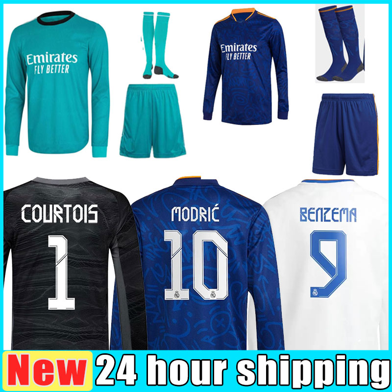 Madrid Long sleeve Soccer Jerseys ALABA CAMAVINGA VALVERDE RODRYGO COURTOIS Goalkeeper ASENSIO MARCELO MODRIC HAZARD BENZEMA 21 22 football full shirt Kit socks, Away 
Madrid Long sleeve Soccer Jerseys ALABA CAMAVINGA VALVERDE RODRYGO COURTOIS Goalkeeper ASENSIO MARCELO MODRIC HAZARD BENZEMA 21 22 football full shirt Kit socks, Away