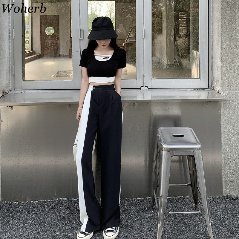 High Waist Elegant Wide Leg Pants Women Contrast Color Bottoms Patchwork Casual Trousers Korean Straight Pantalon 210519
