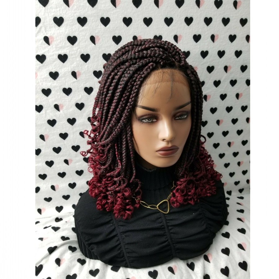 Handmade 14inch Box Braids Lace Front Wig With Curly Tips 1b/Burgundy Ombre Red Color Short Braiding Hair Synthetic Wigs for Black Women