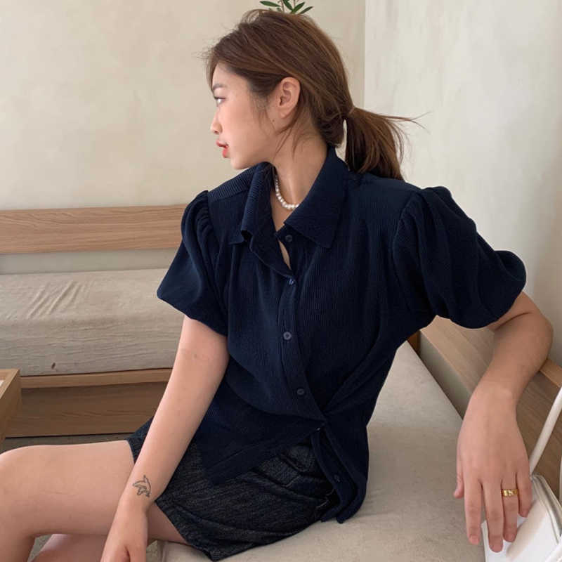 Korejpaa Women Shirt Summer Korean Chic Niche Temperament Basic Puff Sleeve Irregular Buttons Lapel Beveled Edges Blouses 210526