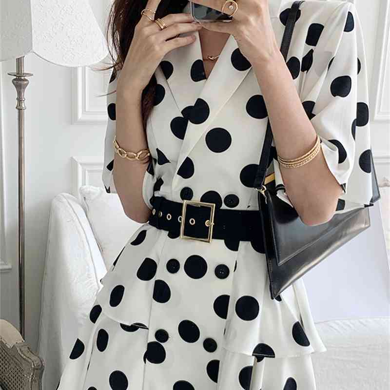 Fashion Elegant Office Ladies Summer Dress Women's Short Sleeve Slim Waist Double Breasted Ruffle Vestidos With Belt 210520