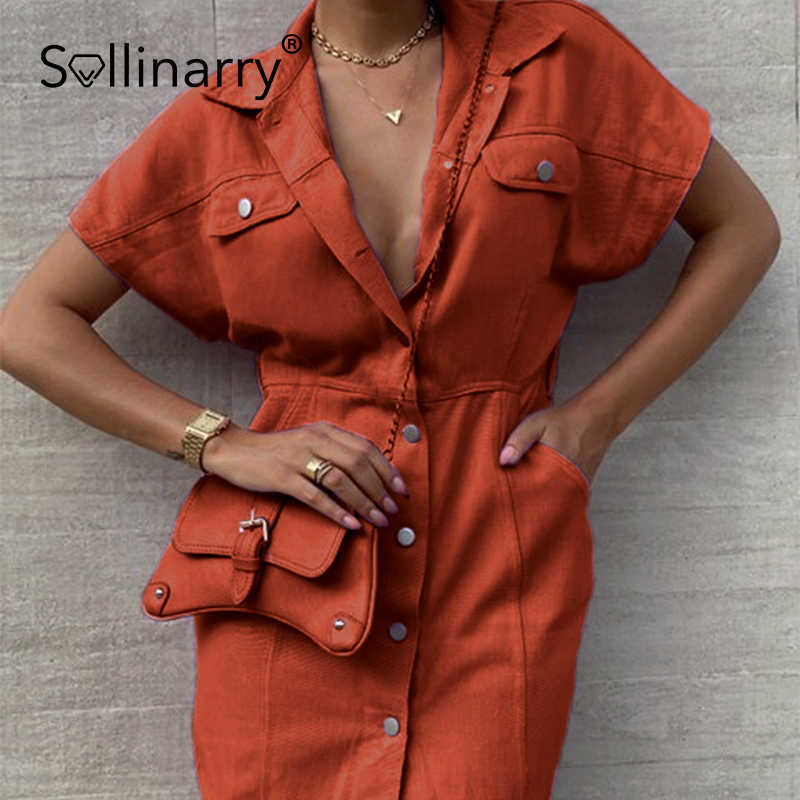 Sollinarry solid buttons shirt dress women Pocket casual lace up female dress Short sleeve cotton vetidos Office summer dresses 210709