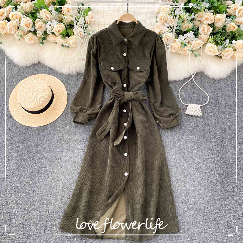 LoveFlowerLife Autumn Fashion Streetwear Midi Dress Retro Corduroy Blouse Women Turn-down Collar Single Breasted A-line Dresses 210521