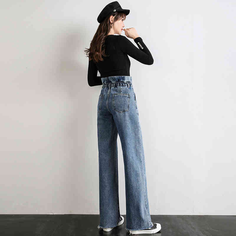 Women High Waist Jeans Woman Boyfriend Blue Color Wide Leg Loose Pants For Ladies Grils Long Length Korean Denim Jean Trousers 210515