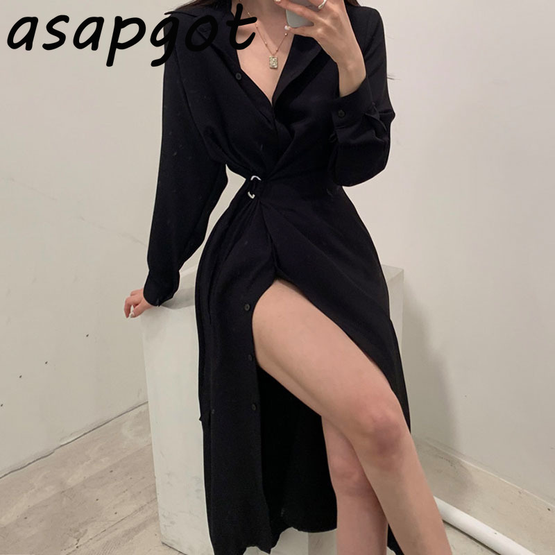 Temperament Elegant Chic Turn Down Collar Lace Up Waist Long Sleeve Shirts Dress Women Plus Size One Pieces Vestidos De Mujer 210429