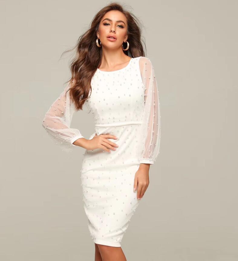 Women Luxury Sexy Long Sleeve Pearl Beading Mesh Black White Winter Dress 2021 Designer Evening Party Vestido Casual Dresses