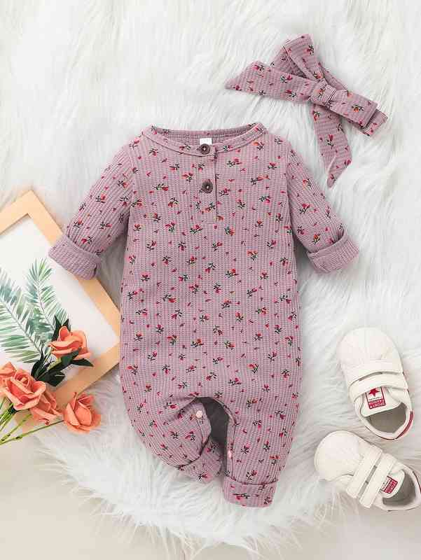 Baby Ditsy Floral Quarter Button Jumpsuit With Headband SHE