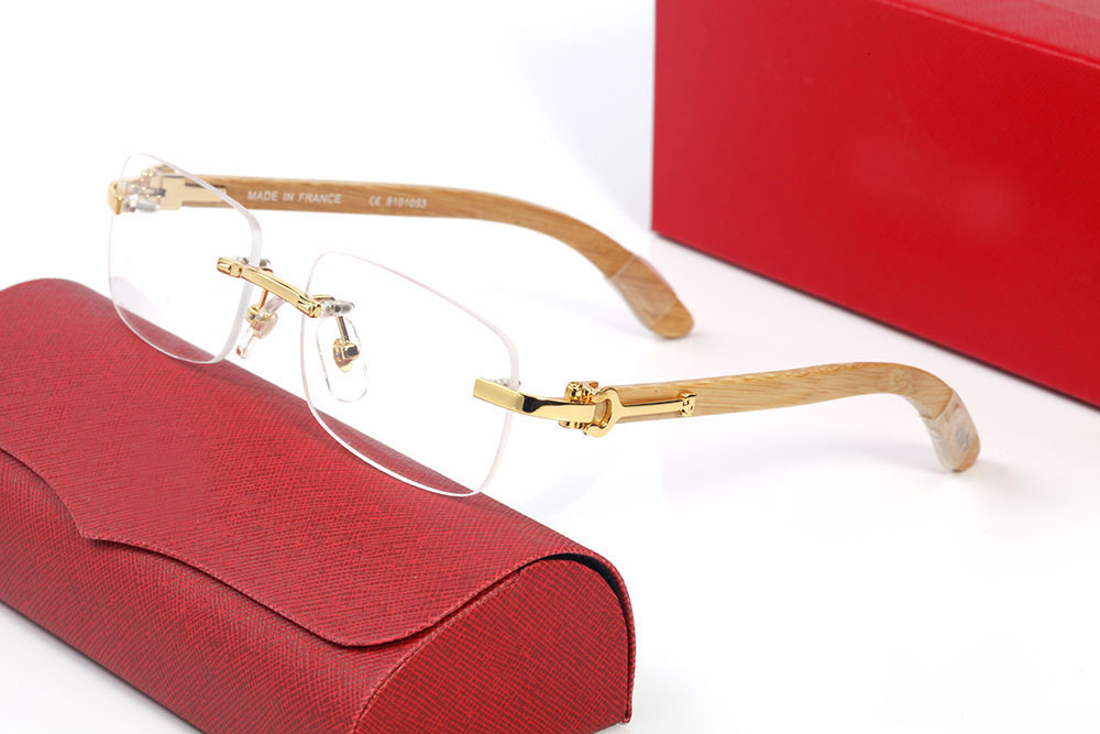 Designer Sunglasses Women Transparent Polarize Rectangular Sunglass UV400 Rimless Fashion Sport Gold Metal Tea Color Wood Frames Male and Female Brand Eyeglasses