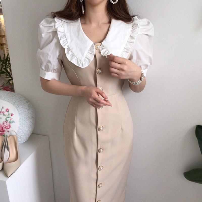 Korea Summer Fashion Women Elegant Ruffles Dress Peter Pan Collar Vintage Party Slim Fresh Cute Lovely Arrival 210506