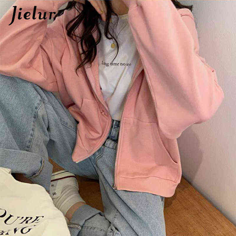 Jielur Chic Zipper Female Sweatshirt Hooded Pullovers Soild Color Hoodies Autumn Loose Harajuku Women Tracksuit White M-2Xl 211109