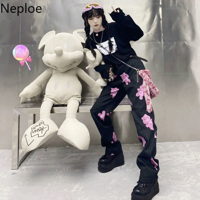 Neploe Women Pants Black Bear Print High Waist Trousers Korean Style Spring Slim Fit Loose Straight Casual Pantalong 4h671 210422