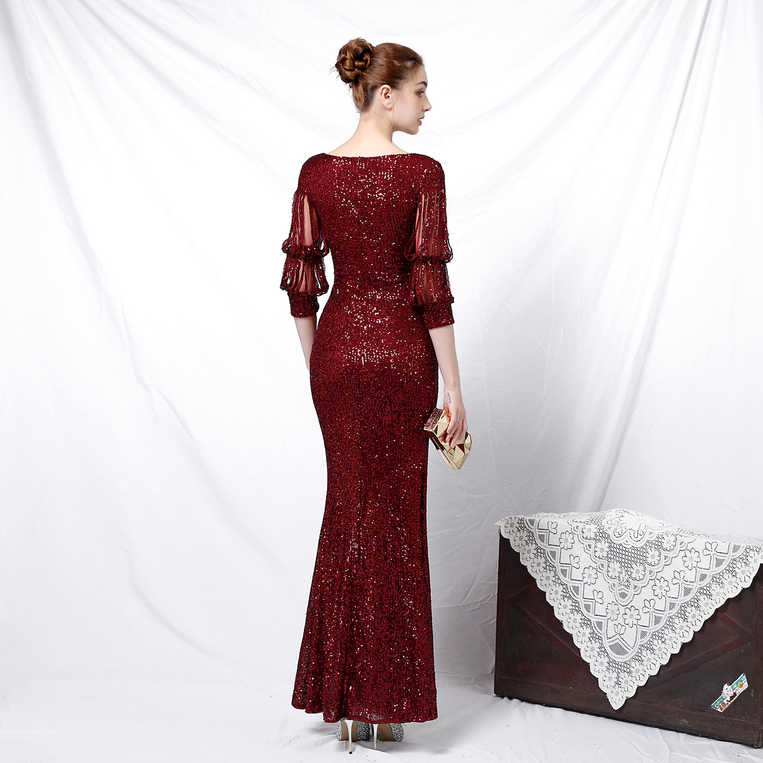 Luxury Bling Burgundy Prom Formal Dress Tassel Long Sleeve V-neck robe de soirée femme Mermaid Full length Evening Gown