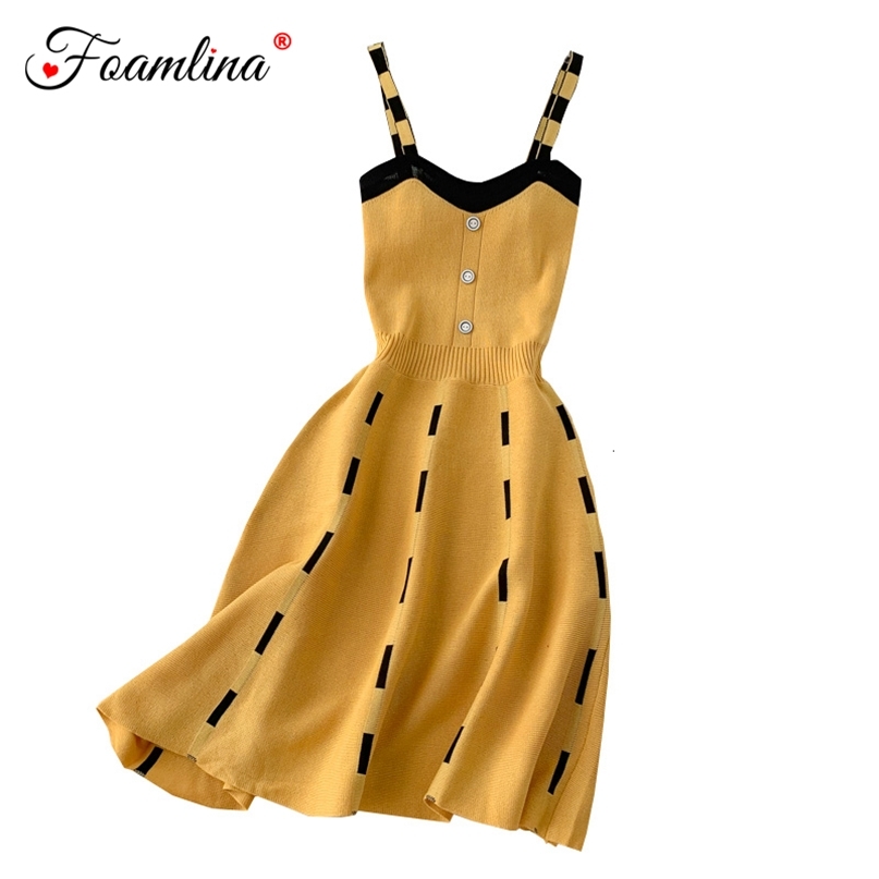 Women Knit Dress Spaghetti Strap Color Block Stripe Sleeveless Buttons Slim Waist Stretch A Line Sexy Party 210603, Yellow
Women Knit Dress Spaghetti Strap Color Block Stripe Sleeveless Buttons Slim Waist Stretch A Line Sexy Party 210603, Yellow