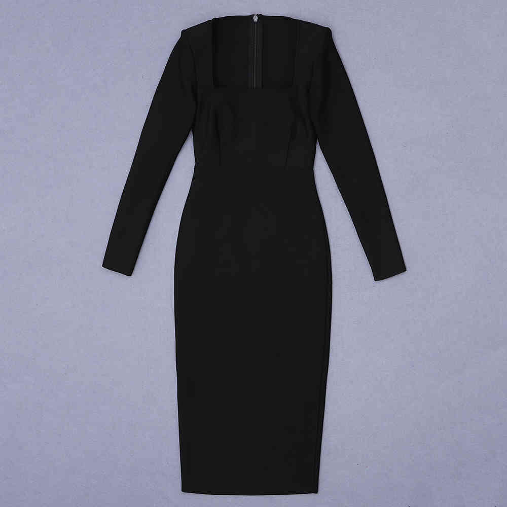 Women's Summer Sexy Long Sleeve Black O-Neck Mid-length Bodycon Bandage Dress Elegant Club Party Vestidos 210525