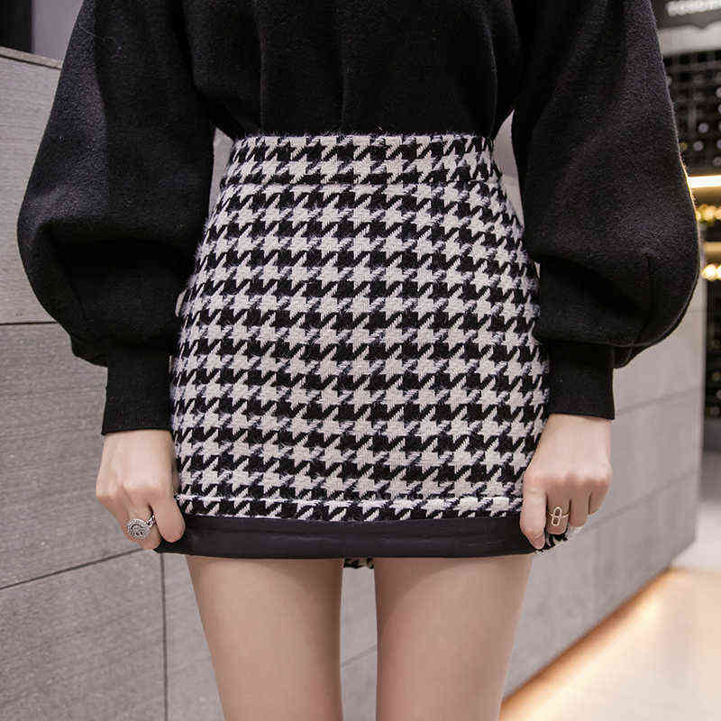 REALEFT Autumn Winter Stylish Houndstooth Skirt Women Woolen Skater Skirts High Waist A-Line Sexy Mini Skirts Female 211119
