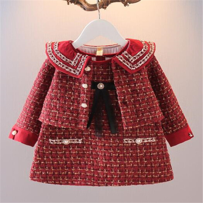 Fashion Kids Girls Plaided Clothes Set Spring Autumn Children Princess Baby Long Sleeve Coat Outwear+Tank Dress 2pcs Sweet Suit