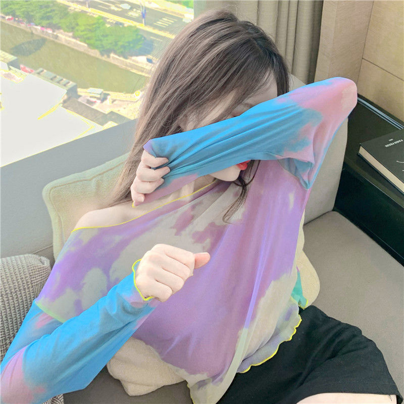 Tie Dye Mesh Top Long Sleeve T Shirt Aesthetic Summer Sky Print Tshirt Frill Crop Tee Purple Vintage Korean 210510
