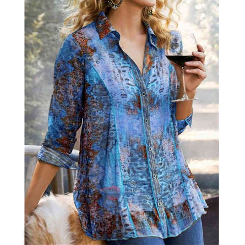 Long Sleeve Shirt Oversize V-neck Vintage Printed Tees Women Lapel Collar Tops Lady Office Loose T Shirt Fashion T-Shirts 210515