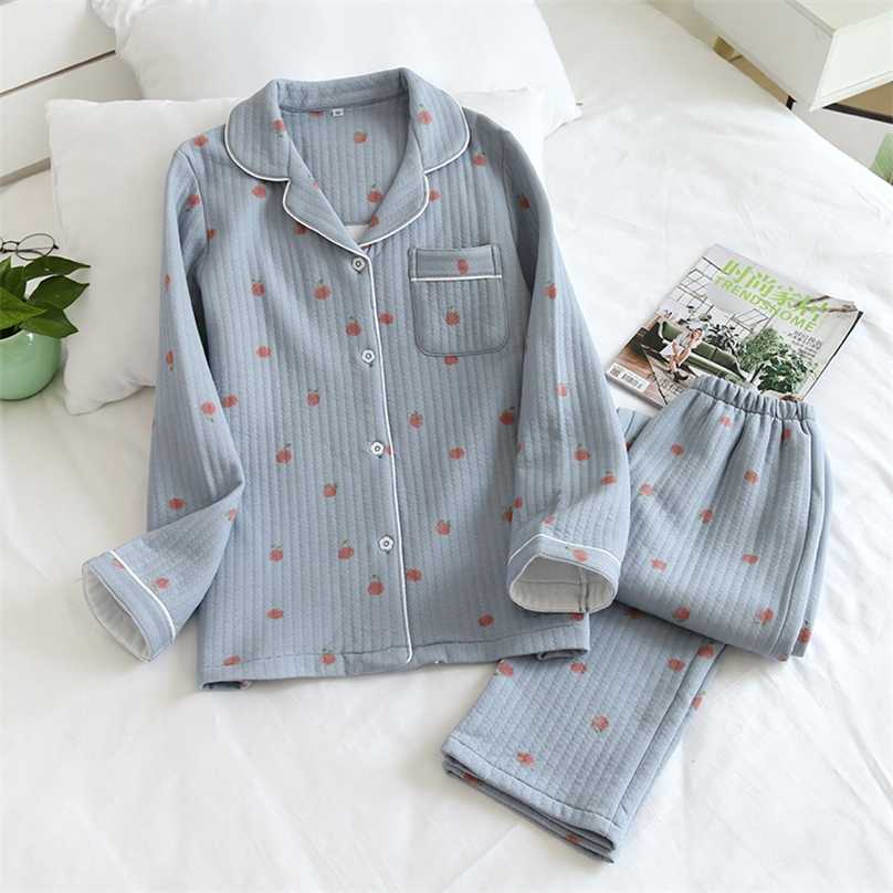 Japanese style autumn and winter long-sleeved trousers, pure cotton air cotton, warm ladies pajamas, home service sleepwear 211118