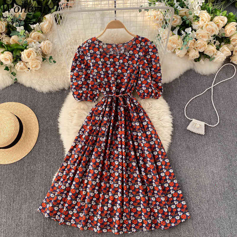 Summer Floral Print Square Collar Women Midi Dress Elegant Short Sleeve Lace-up Slim Waist Ladies A-line Vestidos 210519