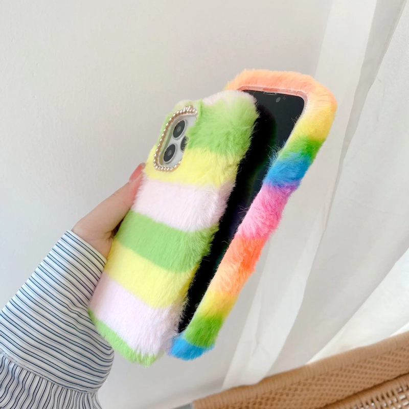 Rainbow Bling Diamond Fluffy Fur Phone Cases For Iphone 17 Air 16 15 14 13 Pro Max 12 11 X XS XR 8 7 6 Plus Iphone17 Soft TPU Cute Genuine Rabbit Hair