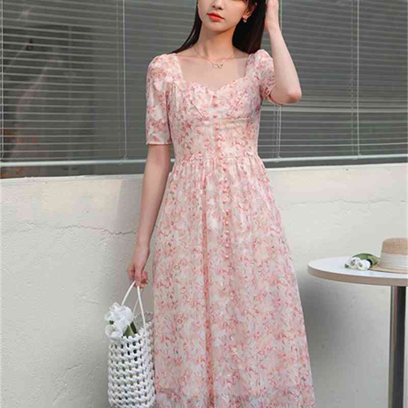 Summer Women Elegant Square Collar Short-Sleeved Chiffon Dress Korean Fashion High Waist Floral Print Vintage Midi Dresses 210519