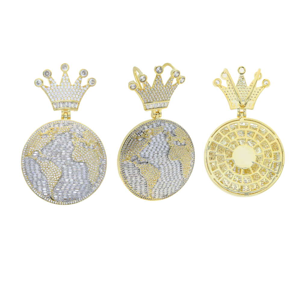Bling 5A Cz Round Globle Pendant with Crown Shaped Necklace Full Iced Out Cubic Zirconia Hip Hop Custom Mens Cool Jewelry