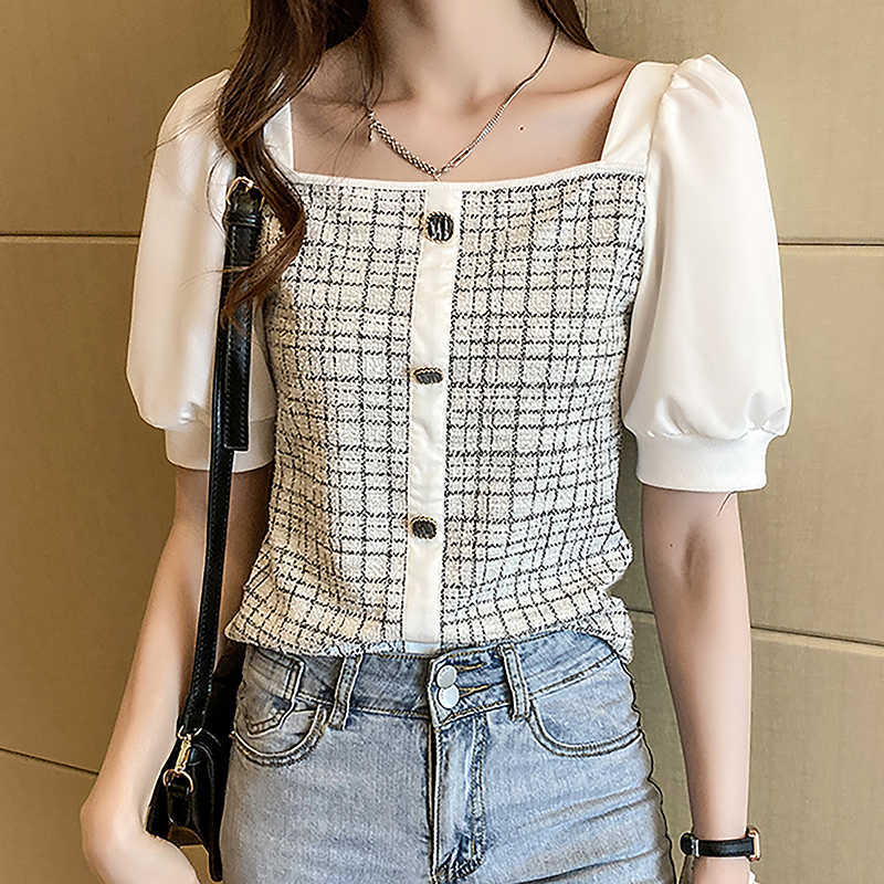 Shintimes Plaid Thin Puff Sleeve Short Women Blouse Summer Tops Korean Fashion Button Vintage Square Collar Womens Shirts 210615, Black
Shintimes Plaid Thin Puff Sleeve Short Women Blouse Summer Tops Korean Fashion Button Vintage Square Collar Womens Shirts 210615, Black