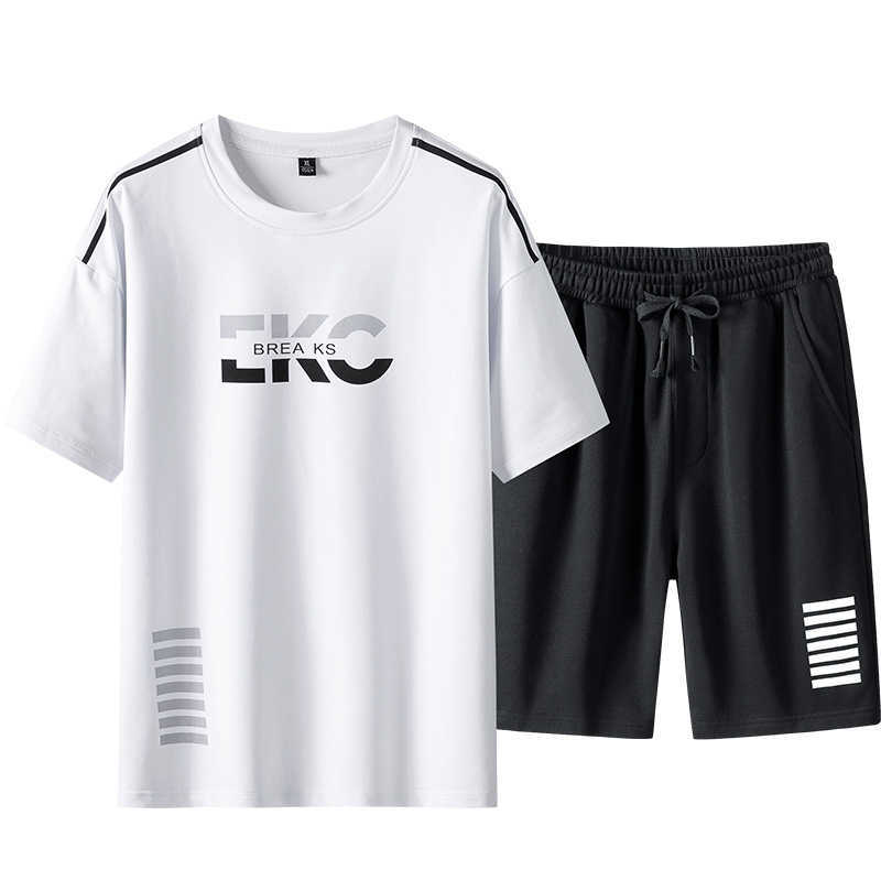 Short Sleeve Set Men Solid Tracksuit Set Summer Fashion Print T-Shirt+Shorts 2 PC Jogger Fitness Suit Male Clothing Streetwear 210603