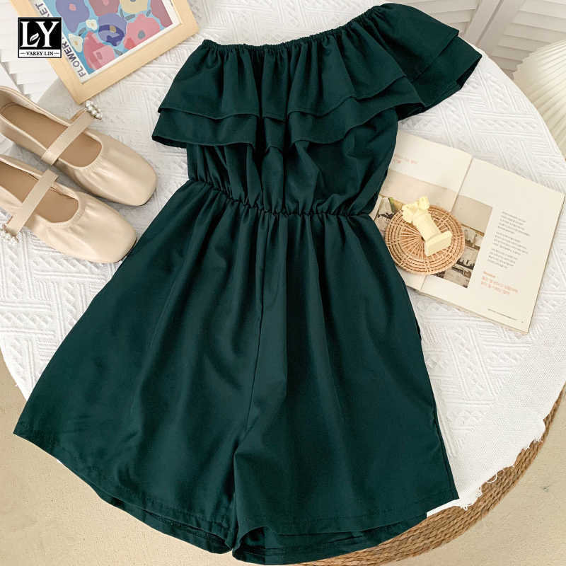 LY VAREY LIN Summer Women Fashion Solid Color High Waist Wide Leg Shorts Casual Oblique Shoulder Ruffles Jumpsuits 210526