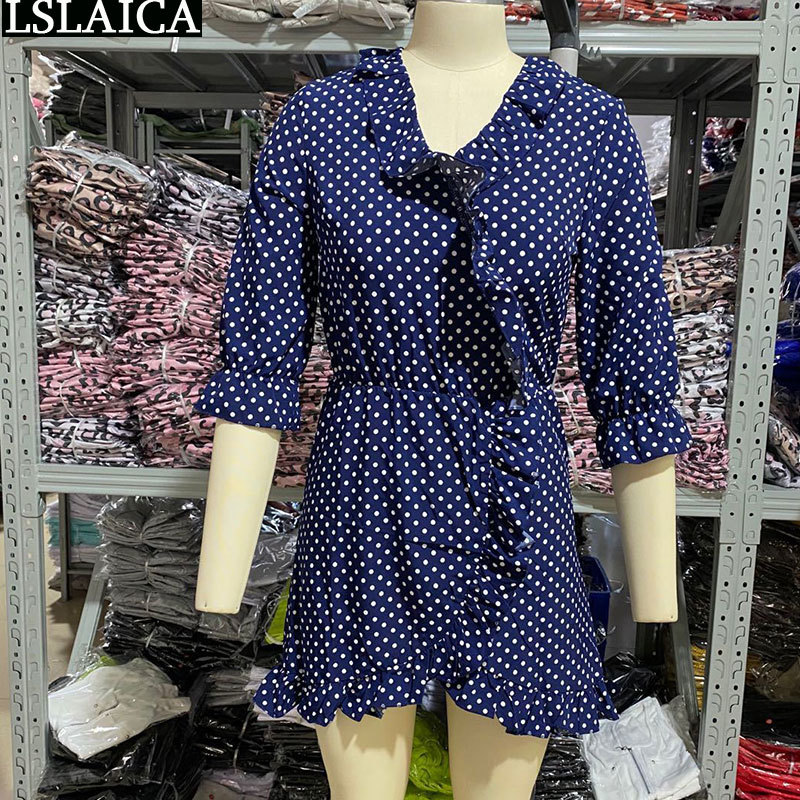 Woman Dress Summer Fashion Polka Dot Print Ruffle Half Sleeve V Neck High Waist Irregular Mini Casual Streetwear Vestido 210515