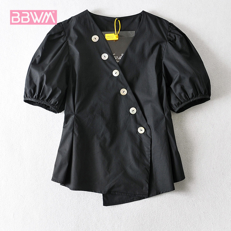Summer Sexy French V-neck Female Shirt Irregular Short-sleeved Bubble Sleeve Diagonal White Minimalist Chic Women's Tops 210507