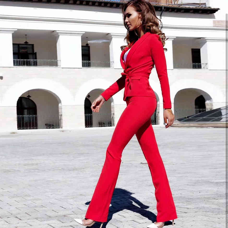 Women's Suit Pants 2 Two-piece Elegant Long Sleeve Lapel Lace-up Jacket & Flared White Red Slim Set 210524