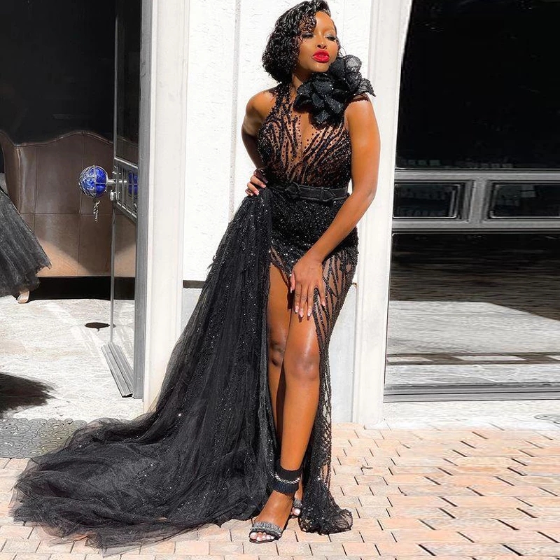 Sexy Black Prom Dresses 2024 | Side Split Jewel Neck Beading Evening Gown With Detachable Train 0219