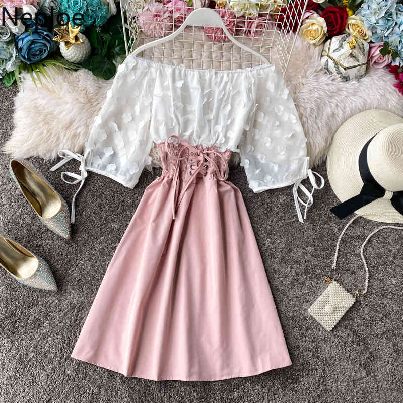 Boho Sexy Off Shoulder Patchwork Summer Dress Party Flower Chiffon Slim Lace Up Women Casual A-Line Beach 49633 210422Z